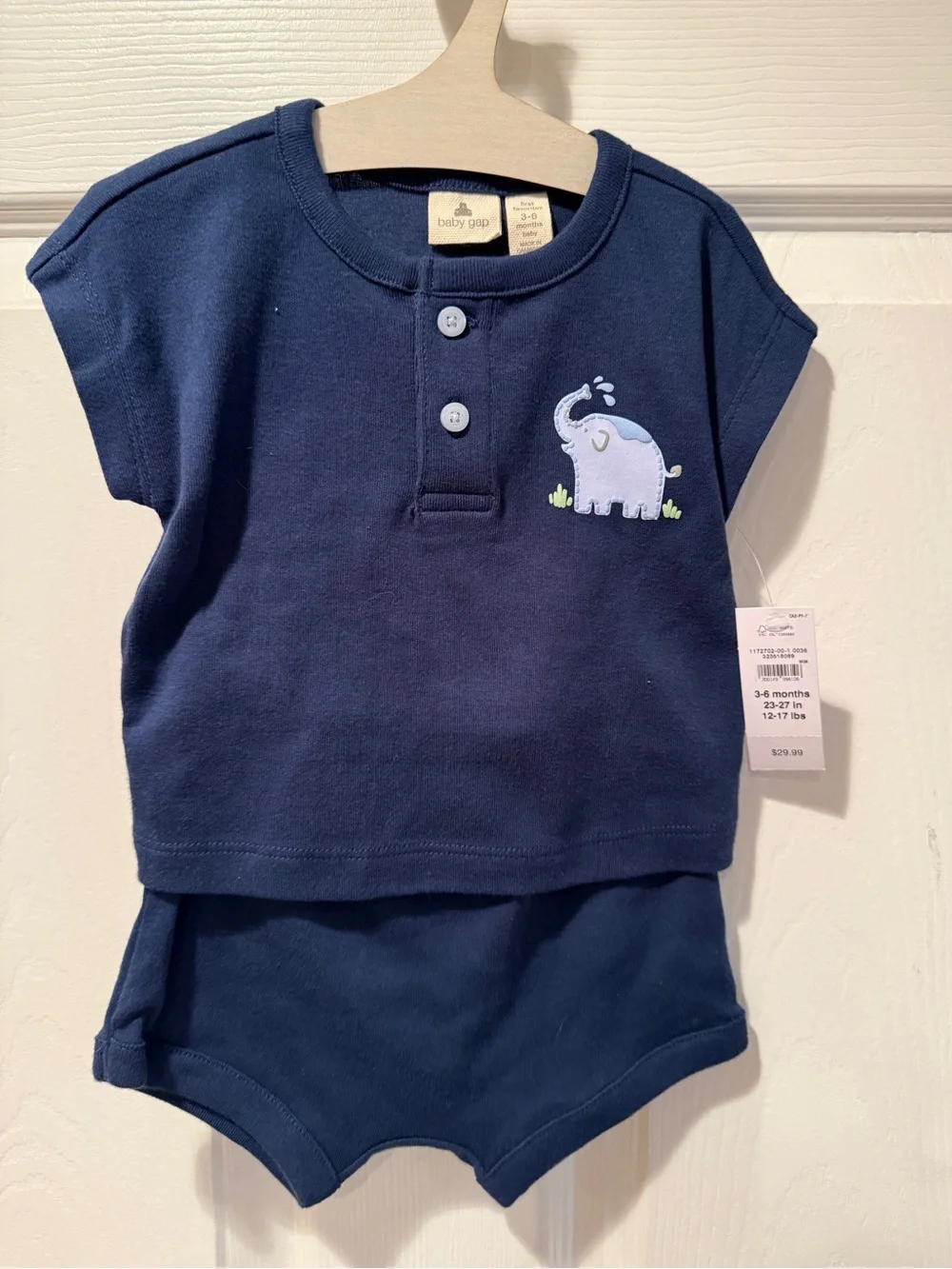 Baby Gap Navy Blue Elephant Two-Piece Set Short Sleeve Shirt & Shorts 3-6M